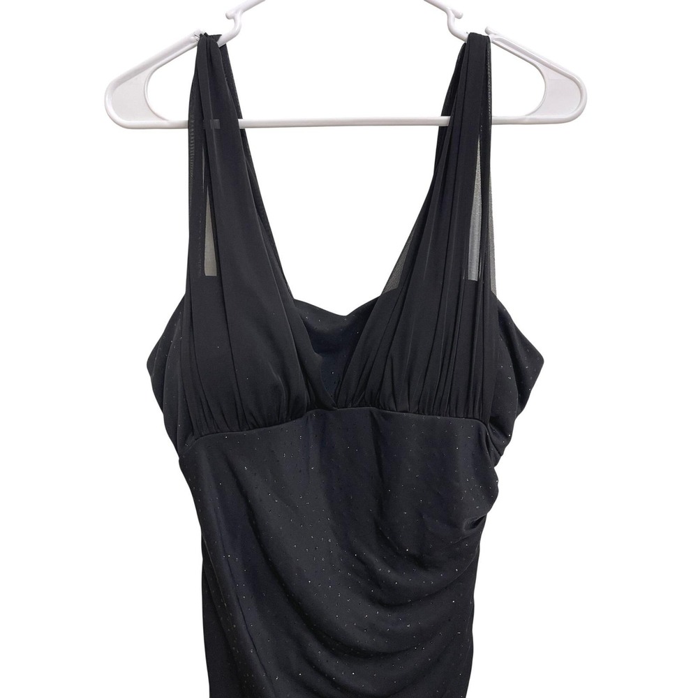 Y2K‎ Betsy & Adam Black Gown Size 12 Ruched Rhinestone Mesh Formal Maxi Dress